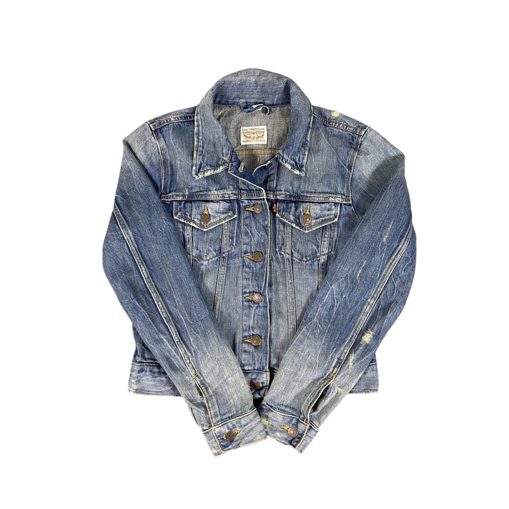 Levi's Denim‎ Trucker Jacket Womens Size M Distressed Blue Jean Button Up